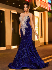 Sexy Illusion Neck Rhinestones Glitter Sequin Mermaid Dress Royal Blue