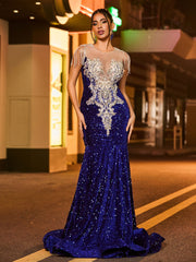 Sexy Illusion Neck Rhinestones Glitter Sequin Mermaid Dress Royal Blue