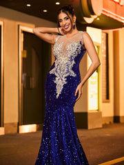Sexy Illusion Neck Rhinestones Glitter Sequin Mermaid Dress Royal Blue