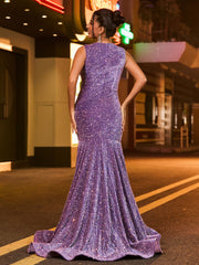 Elegant Illusion Neck Diamond Glitter Sequin Mermaid Dress Tahiti