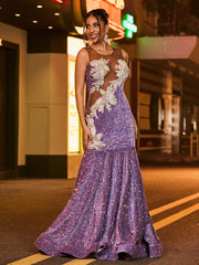 Elegant Illusion Neck Diamond Glitter Sequin Mermaid Dress Tahiti