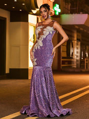 Elegant Illusion Neck Diamond Glitter Sequin Mermaid Dress Tahiti