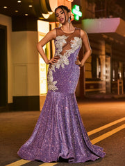 Elegant Illusion Neck Diamond Glitter Sequin Mermaid Dress Tahiti