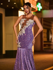 Elegant Illusion Neck Diamond Glitter Sequin Mermaid Dress Tahiti