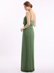 Spaghetti Strap Chiffon Bridesmaid Gown with V Neck Olive Green