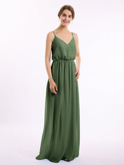 Spaghetti Strap Chiffon Bridesmaid Gown with V Neck Olive Green