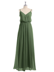 Spaghetti Strap Chiffon Bridesmaid Gown with V Neck Olive Green