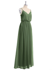 Spaghetti Strap Chiffon Bridesmaid Gown with V Neck Olive Green