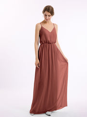 Spaghetti Strap Chiffon Bridesmaid Gown with V Neck Terracotta