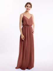 Spaghetti Strap Chiffon Bridesmaid Gown with V Neck Terracotta