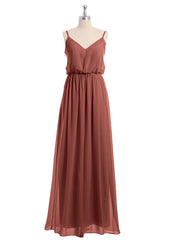 Spaghetti Strap Chiffon Bridesmaid Gown with V Neck Terracotta