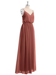 Spaghetti Strap Chiffon Bridesmaid Gown with V Neck Terracotta