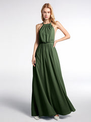 Halter Low Back Chiffon Maxi Sexy Dress Olive Green