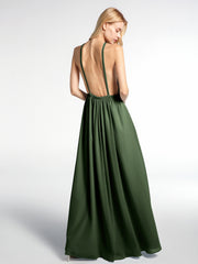 Halter Low Back Chiffon Maxi Sexy Dress Olive Green
