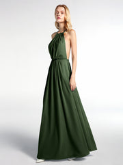 Halter Low Back Chiffon Maxi Sexy Dress Olive Green
