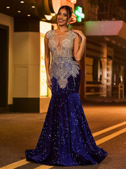 Sexy Illusion Mesh Rhinestones Sequins Mermaid Dress Royal Blue