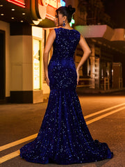 Sexy Illusion Mesh Rhinestones Sequins Mermaid Dress Royal Blue