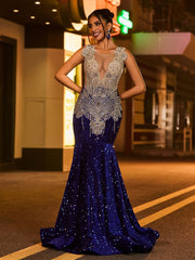 Sexy Illusion Mesh Rhinestones Sequins Mermaid Dress Royal Blue