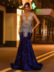 Sexy Illusion Mesh Rhinestones Sequins Mermaid Dress Royal Blue