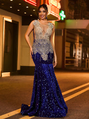Sexy Illusion Mesh Rhinestones Sequins Mermaid Dress Royal Blue