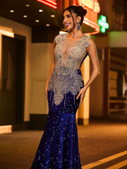Sexy Illusion Mesh Rhinestones Sequins Mermaid Dress Royal Blue