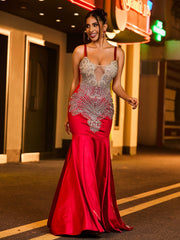 Gorgeous Spaghetti Strap Rhinestones Satin Mermaid Dress Ivory