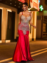 Gorgeous Spaghetti Strap Rhinestones Satin Mermaid Dress Burgundy