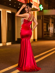 Gorgeous Spaghetti Strap Rhinestones Satin Mermaid Dress Burgundy