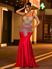 Gorgeous Spaghetti Strap Rhinestones Satin Mermaid Dress Burgundy