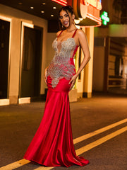 Gorgeous Spaghetti Strap Rhinestones Satin Mermaid Dress Burgundy