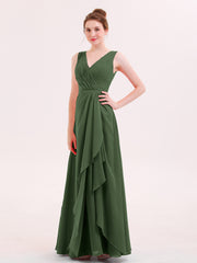 A-line Chiffon Open Back Dress With V-Neck Olive Green