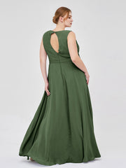A-line Chiffon Open Back Dress With V-Neck Olive Green