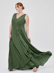 A-line Chiffon Open Back Dress With V-Neck Olive Green
