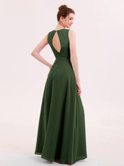 A-line Chiffon Open Back Dress With V-Neck Olive Green