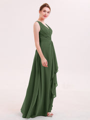 A-line Chiffon Open Back Dress With V-Neck Olive Green