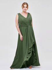 A-line Chiffon Open Back Dress With V-Neck Olive Green