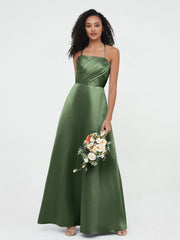 Cross Pleated Bodice Spaghetti Straps Satin Dresses Olive Green