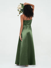 Cross Pleated Bodice Spaghetti Straps Satin Dresses Olive Green