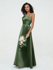 Cross Pleated Bodice Spaghetti Straps Satin Dresses Olive Green