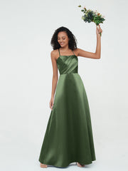 Cross Pleated Bodice Spaghetti Straps Satin Dresses Olive Green