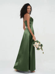 Cross Pleated Bodice Spaghetti Straps Satin Dresses Olive Green