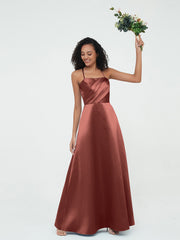 Cross Pleated Bodice Spaghetti Straps Satin Dresses Terracotta