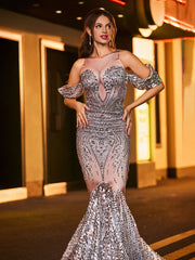 Shimmering Rhinestone-Covered Mermaid Gown Silver