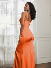 V-Neck Floor-Length Satin Prom Dress Burnt Orange Plus Size