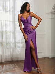 V-Neck Floor-Length Satin Prom Dress Grape Plus Size