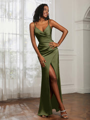 V-Neck Floor-Length Satin Prom Dress Olive Green