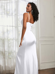 V-Neck Floor-Length Satin Prom Dress White