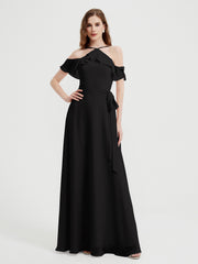 Y Neck Chiffon Dress with Ruffles Sleeves Black