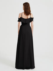 Y Neck Chiffon Dress with Ruffles Sleeves Black
