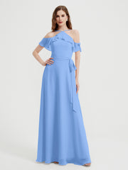 Y Neck Chiffon Dress with Ruffles Sleeves Blue